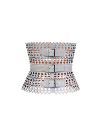 Leather triple buckle Vienna corset belt - Reflex White