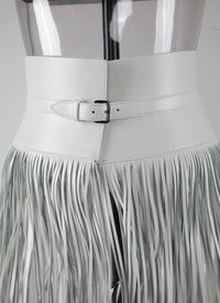 Long fringed corset belt in leather - Optic White