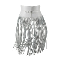 Long fringed corset belt in leather - Optic White