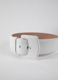 Oversized Geometric Buckle Leather Belt - Optic White