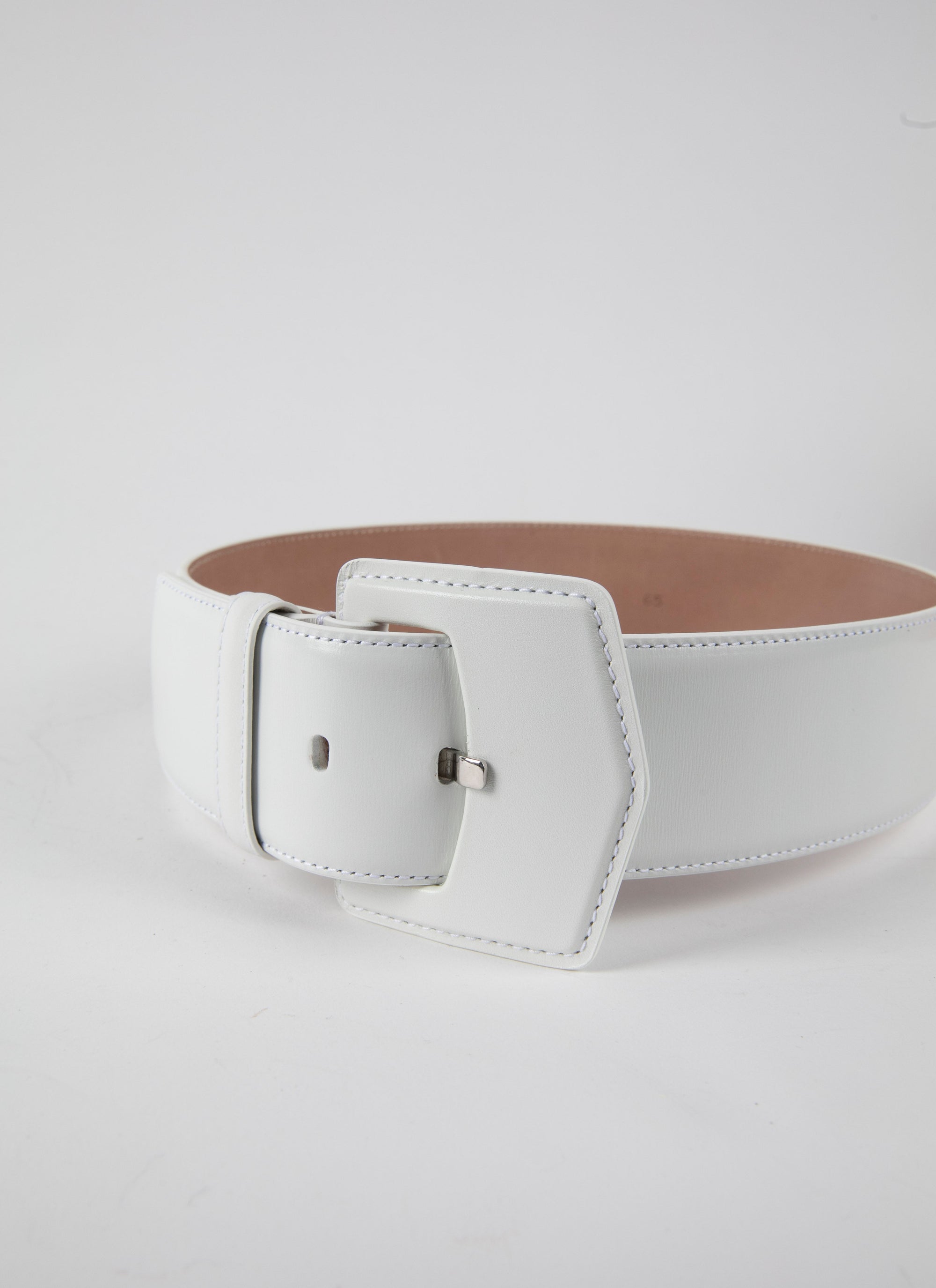 Oversized Geometric Buckle Leather Belt - Optic White