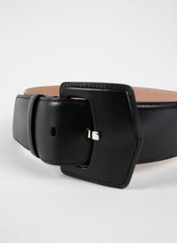Oversized Geometric Buckle Leather Belt - Black