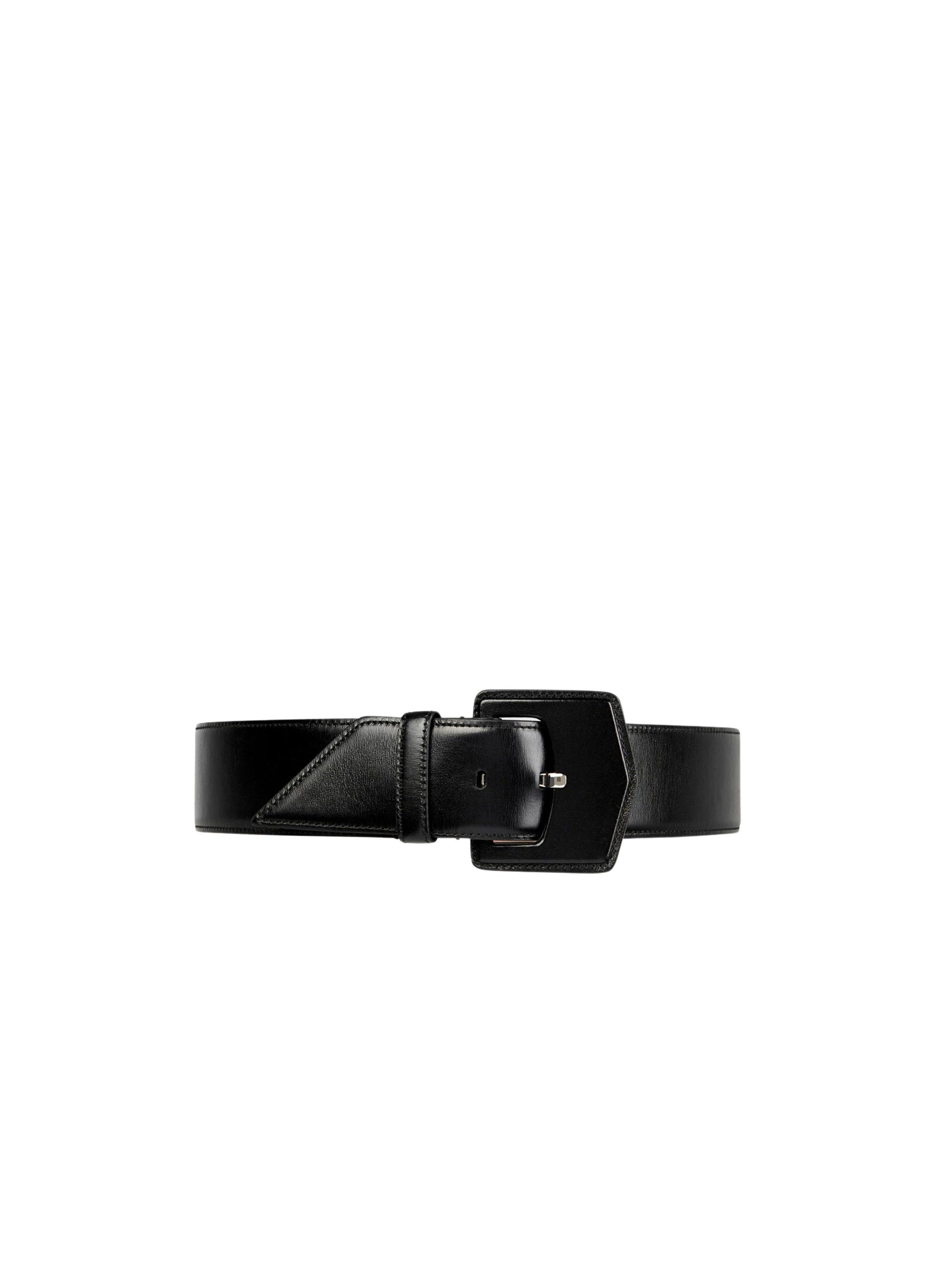 Oversized Geometric Buckle Leather Belt - Black