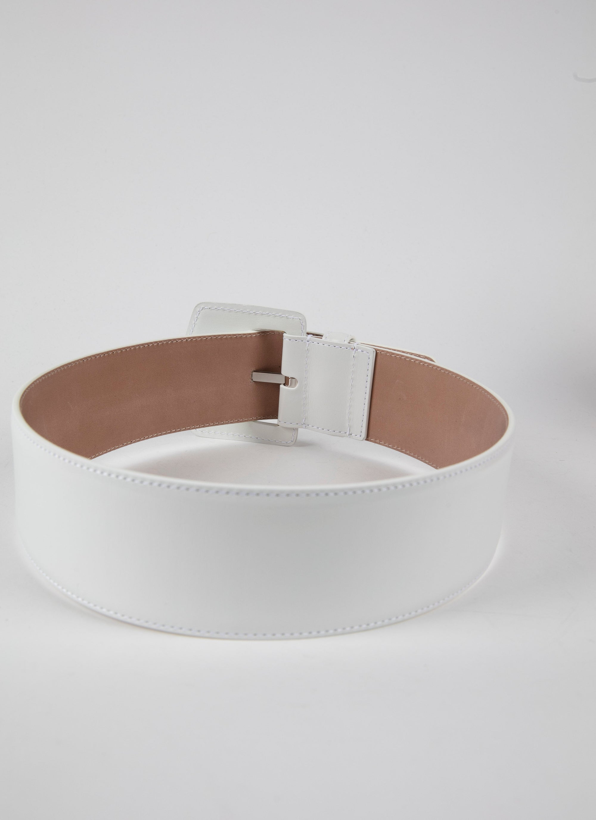 Oversized Geometric Buckle Leather Belt - Optic White