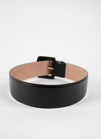 Oversized Geometric Buckle Leather Belt - Black
