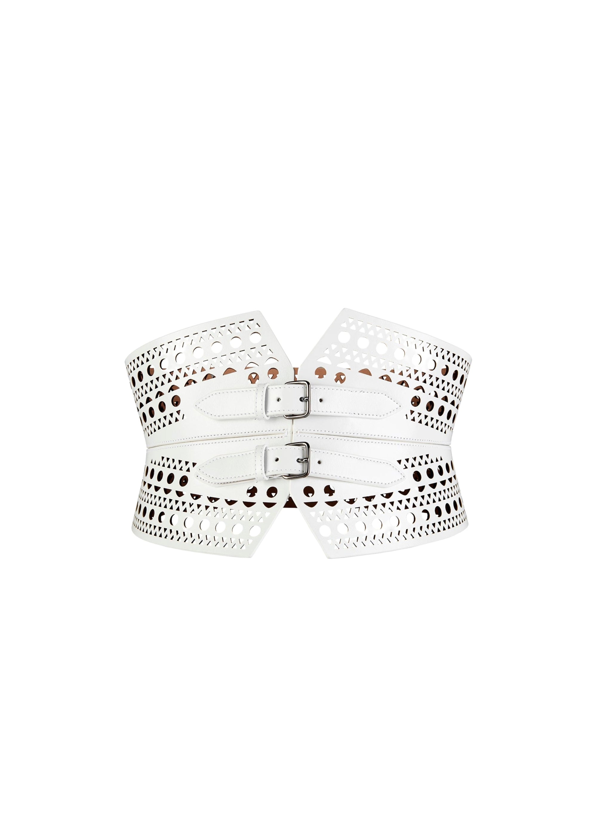 Perforated double buckle bustier belt in leather - Optic White