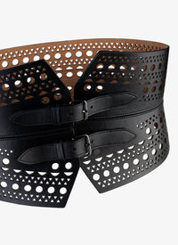 Perforated double buckle bustier belt in leather - Black intense