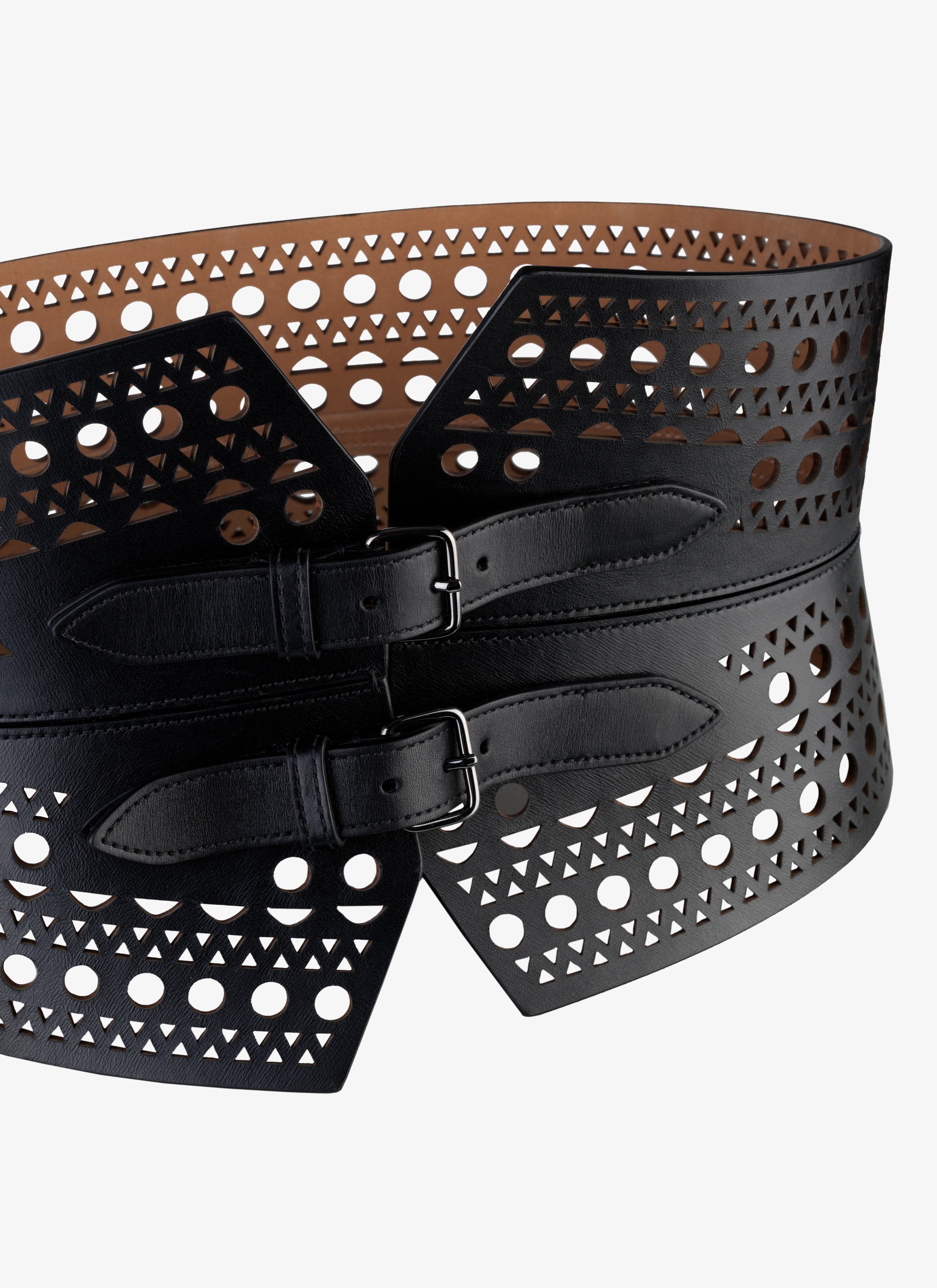 Perforated double buckle bustier belt in leather - Black intense
