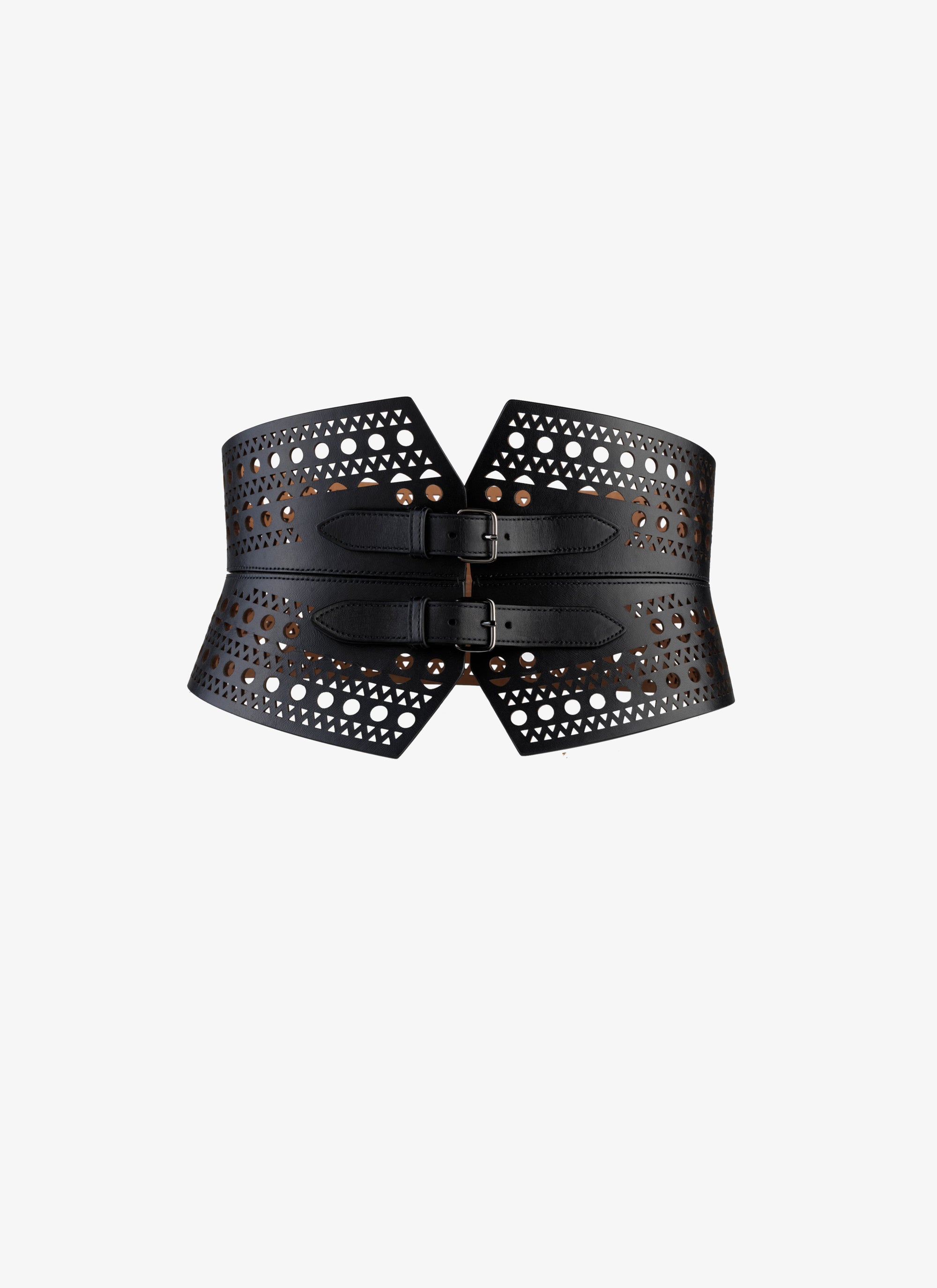 Perforated double buckle leather strapless belt - Black