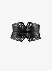 Perforated double buckle bustier belt in leather - Black intense