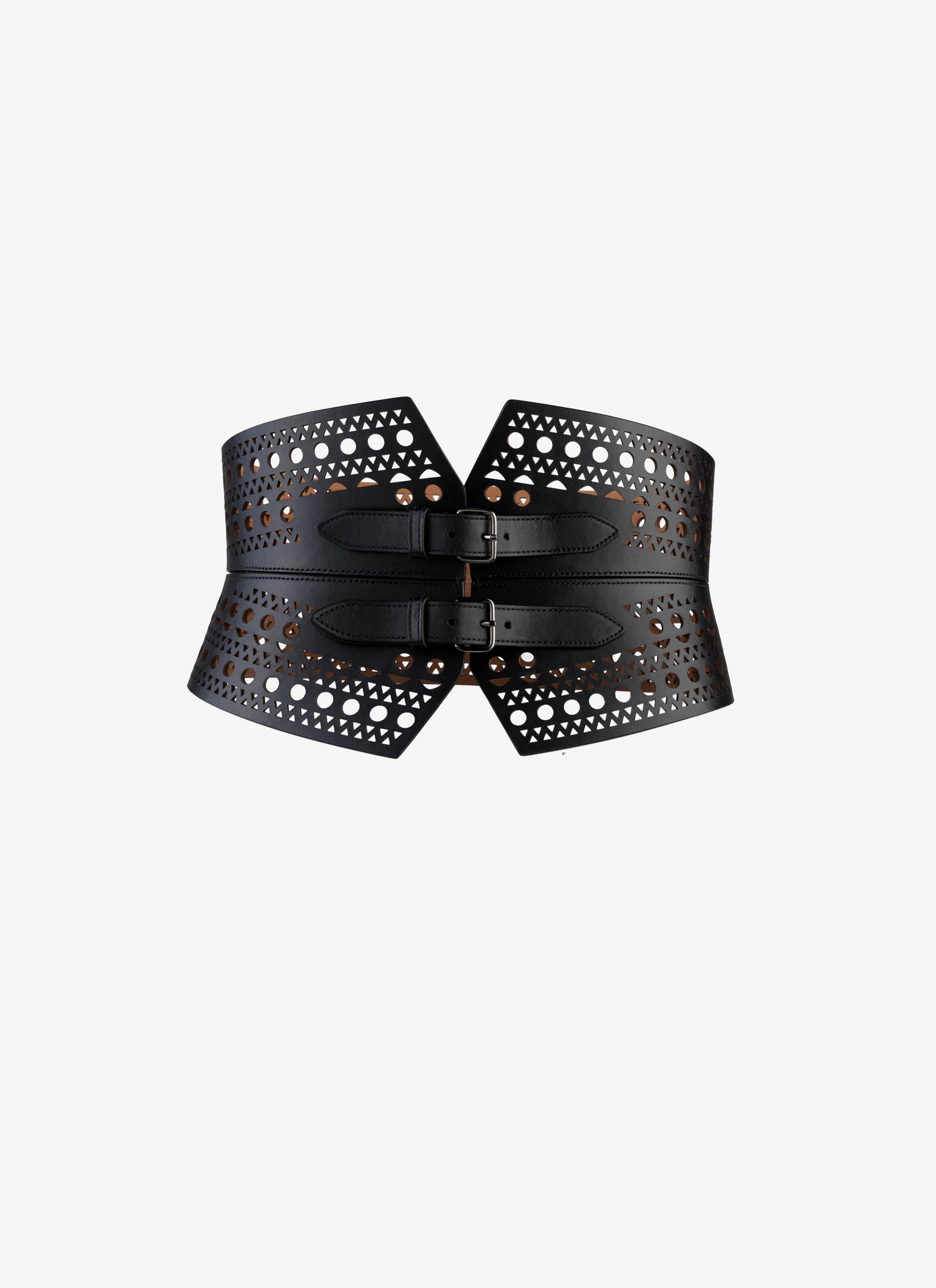 Perforated double buckle bustier belt in leather - Black intense