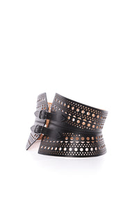 Perforated double buckle bustier belt in leather - Black intense