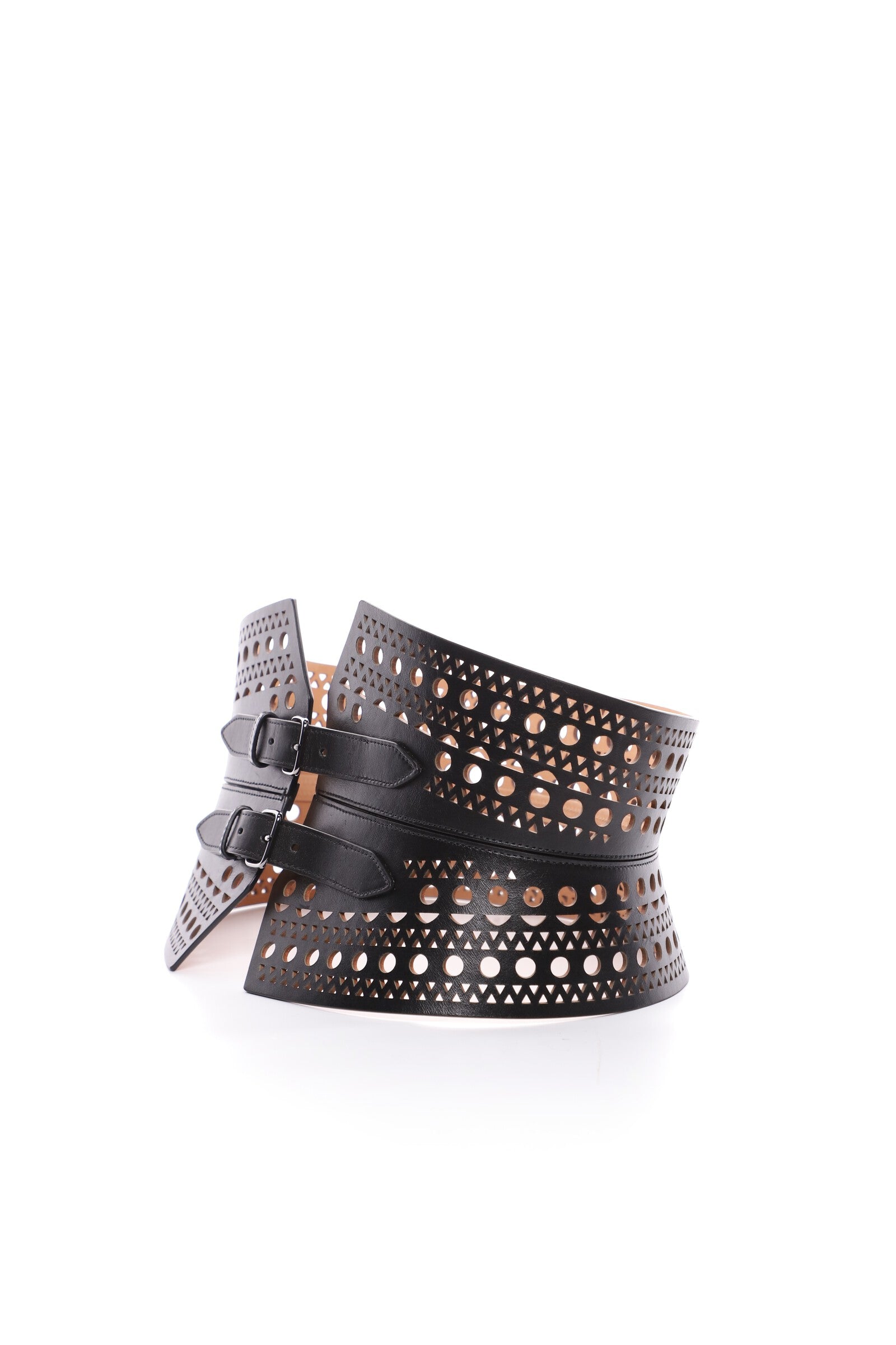 Perforated double buckle bustier belt in leather - Black intense