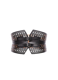 Perforated double buckle bustier belt in leather - Black intense