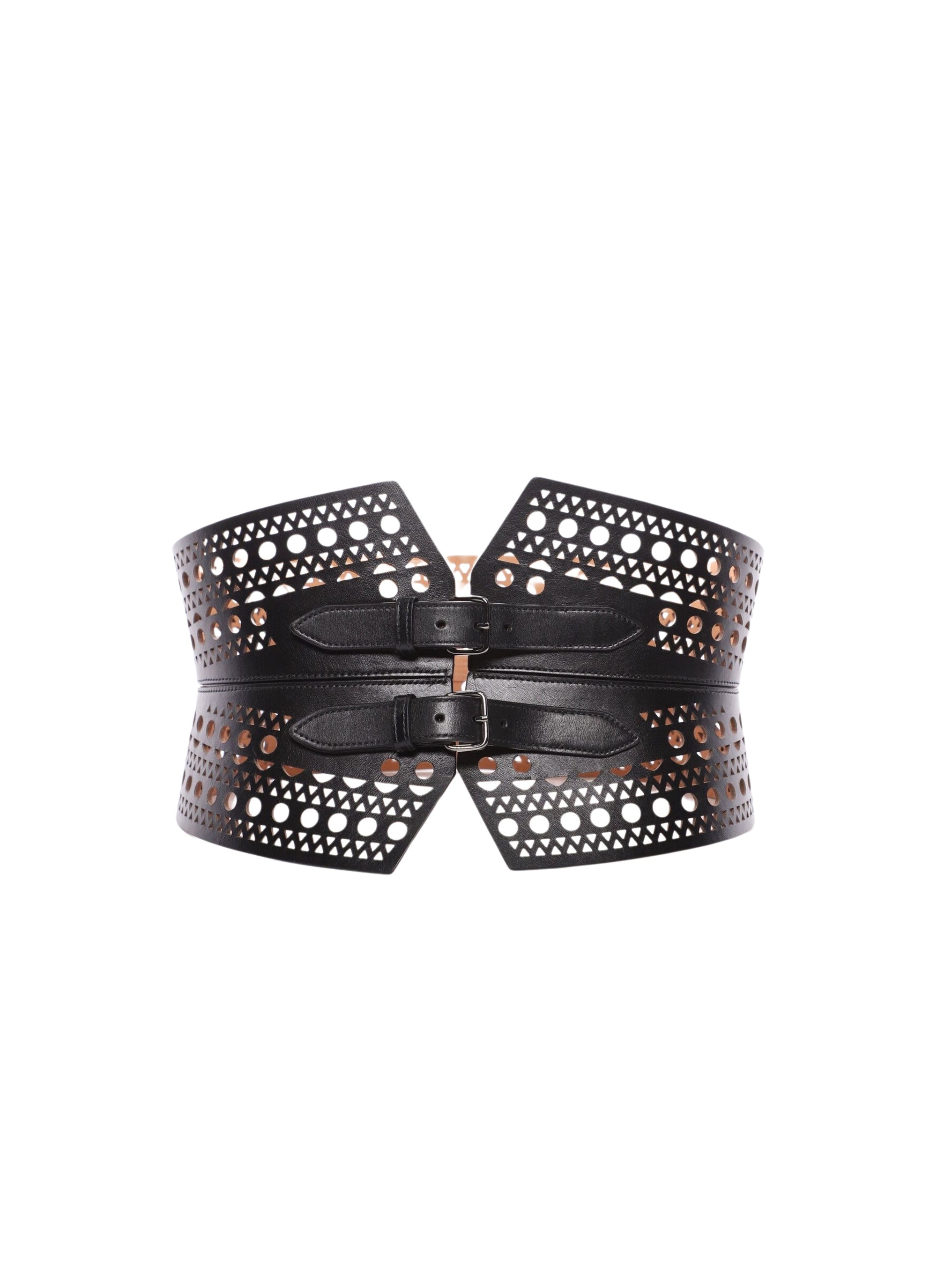 Perforated double buckle bustier belt in leather - Black intense