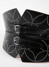 Studded double buckle bustier belt in leather - Black intense