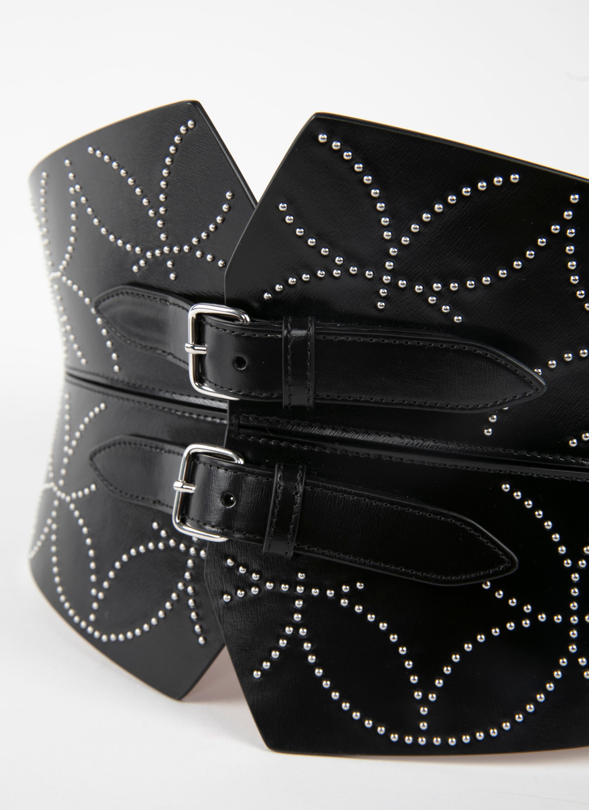 Studded double buckle bustier belt in leather - Black intense