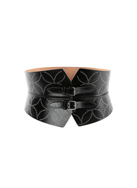 Studded double buckle bustier belt in leather - Black intense
