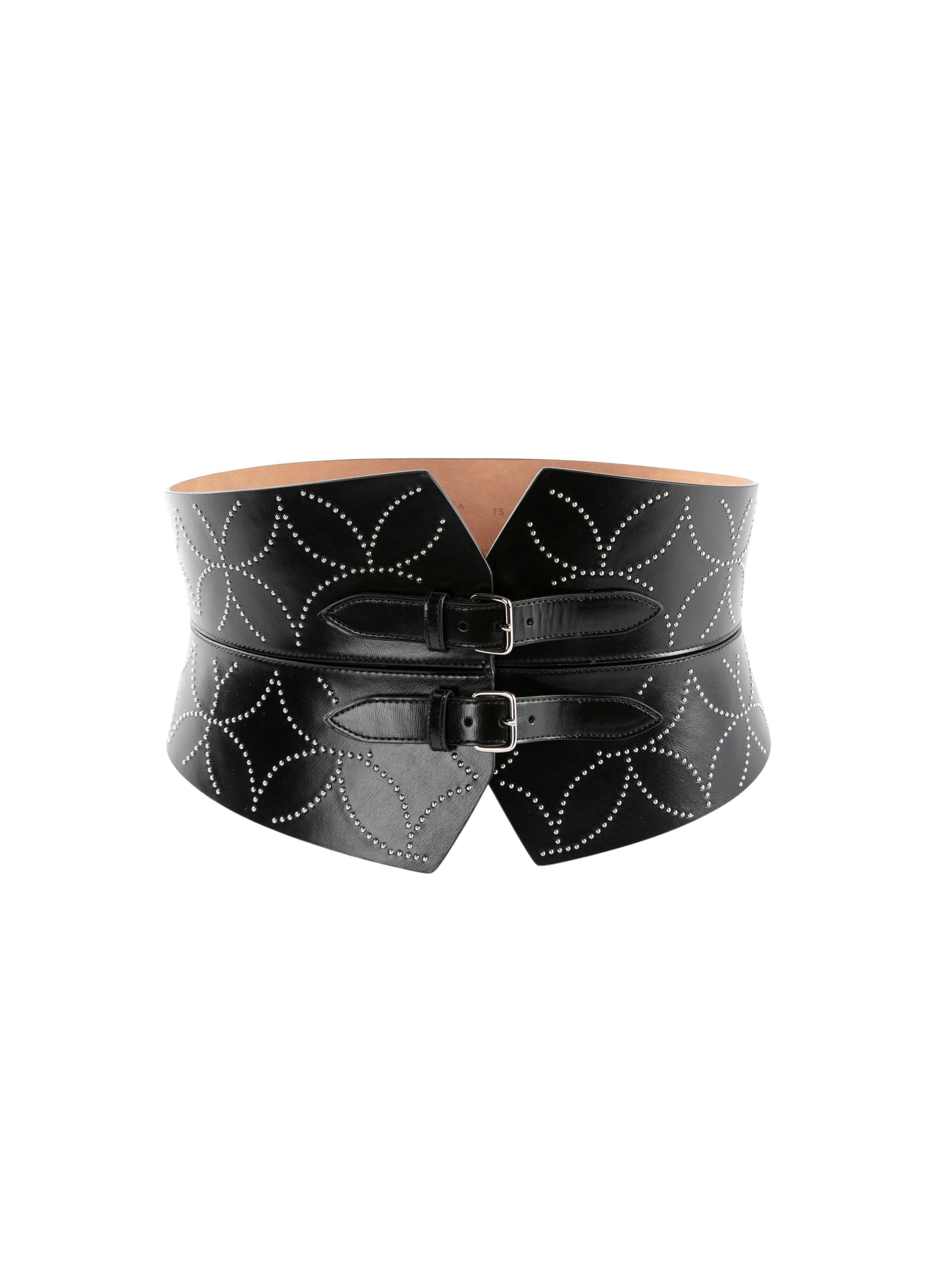 Studded double buckle bustier belt in leather - Black intense