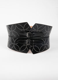 Studded double buckle bustier belt in leather - Black intense