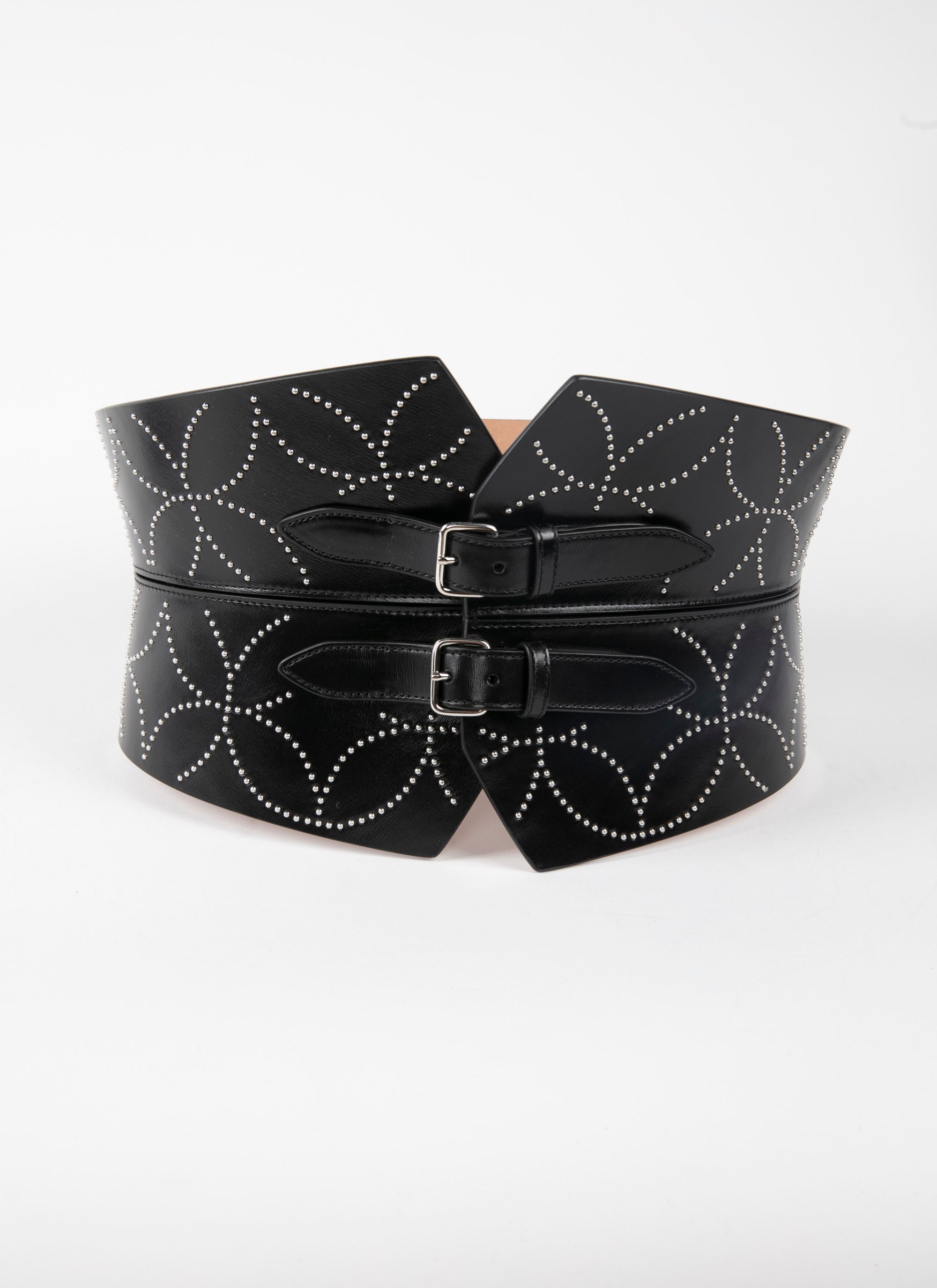 Studded double buckle bustier belt in leather - Black intense
