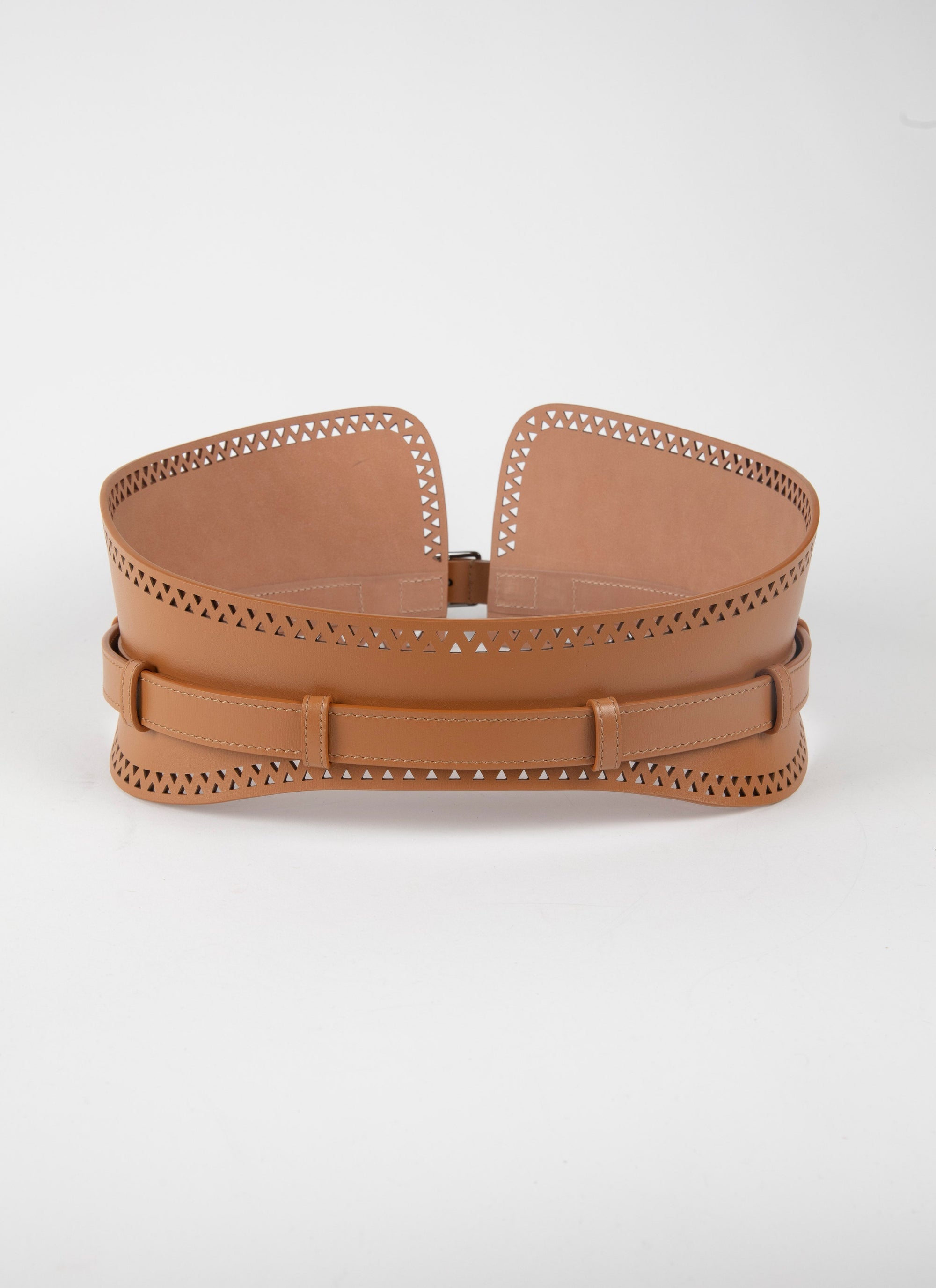 Ceinture large à motif ajourée en cuir - Tan Clair