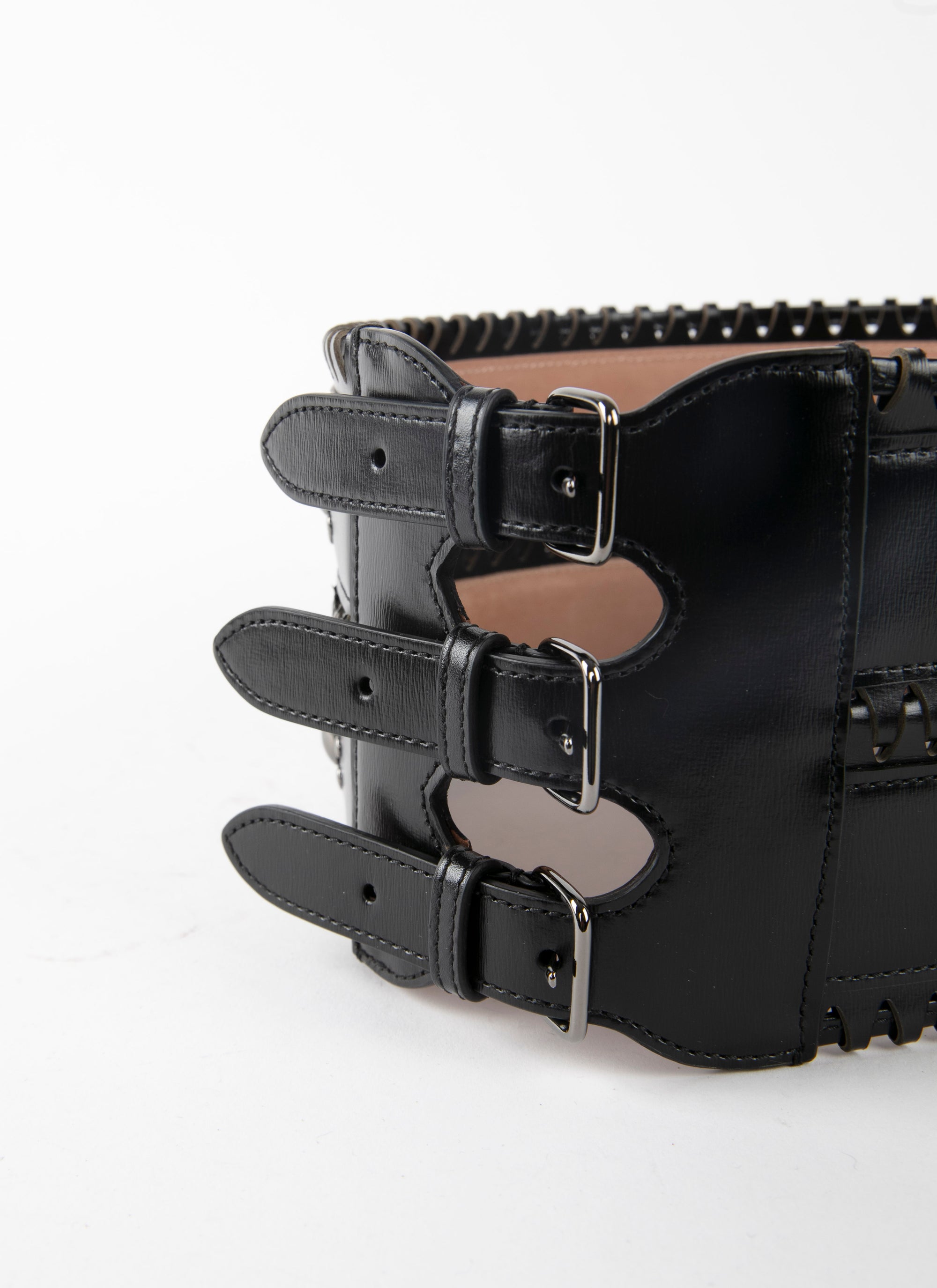 Leather hinge corset belt - Black & Ruthenium