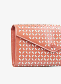 Wallet with contrasting openwork flap in leather - Coral & White