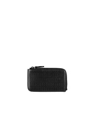 Zipped openwork card holder in leather - Black intense