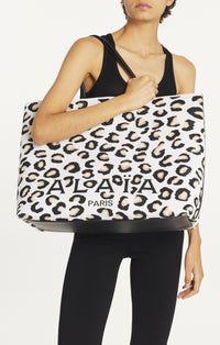 Large Leopard Print Jacquard Shopping Bag - White & Black