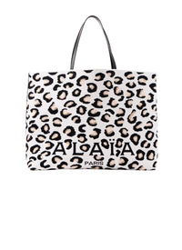 Large Leopard Print Jacquard Shopping Bag - White & Black