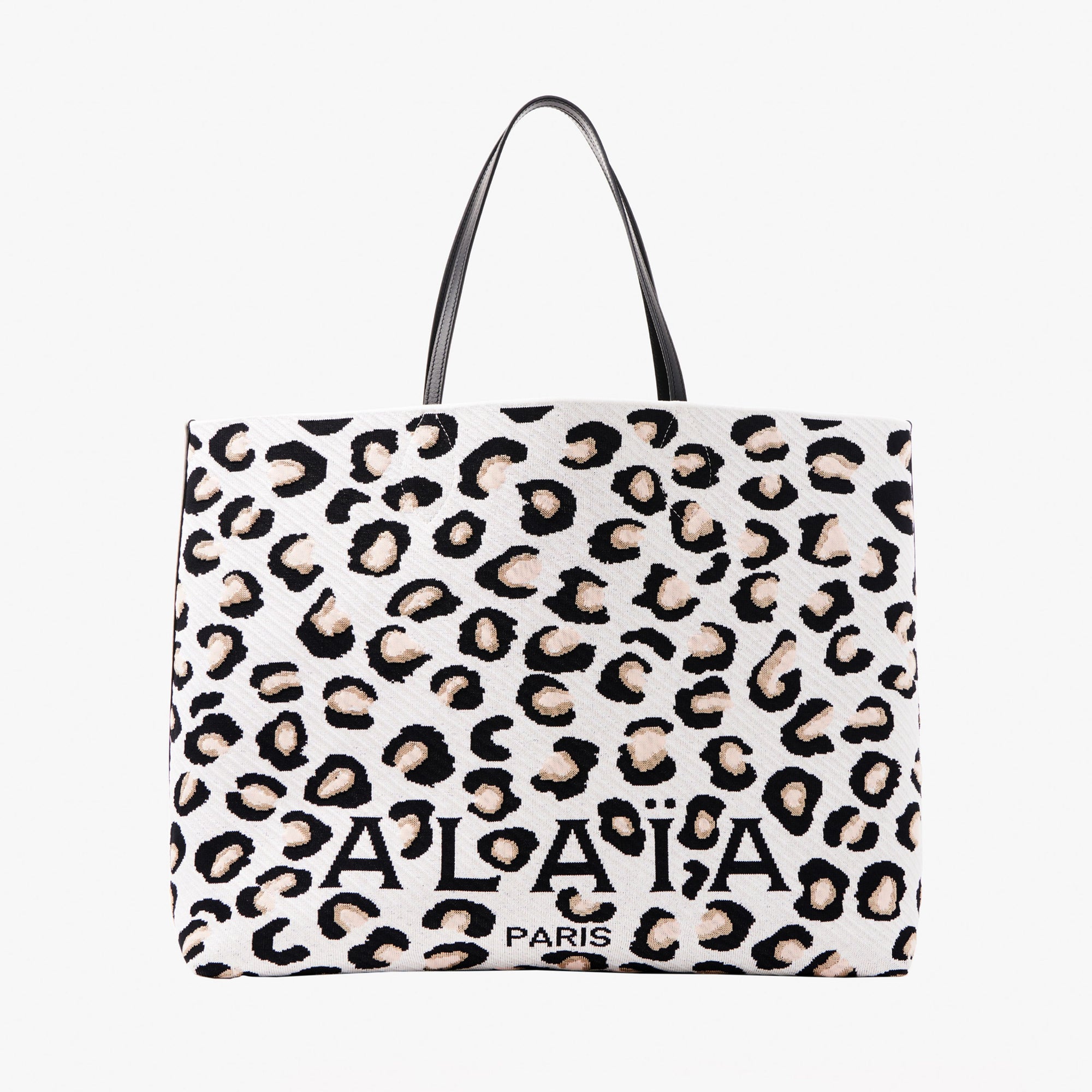Large Leopard Print Jacquard Shopping Bag - White & Black