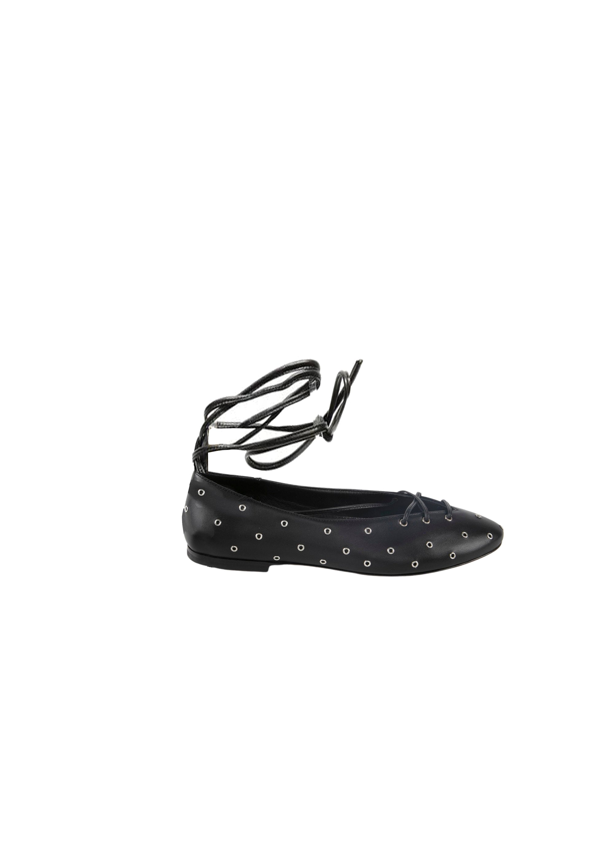 Leather eyelet lace-up ballerinas - Black intense