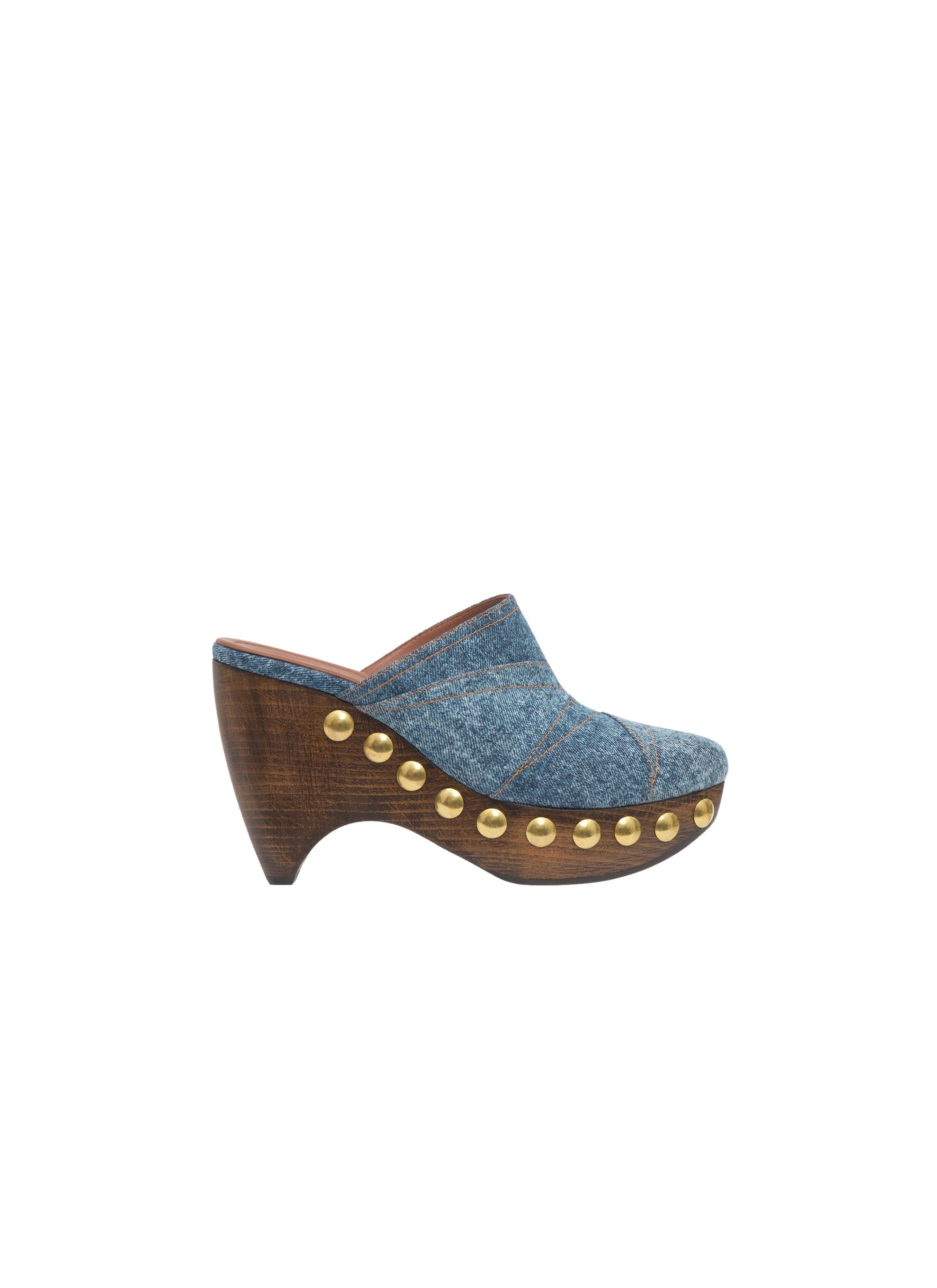 Platform Mules in Denim and Wood - Jeans Blue