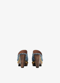 Platform Mules in Denim and Wood - Jeans Blue