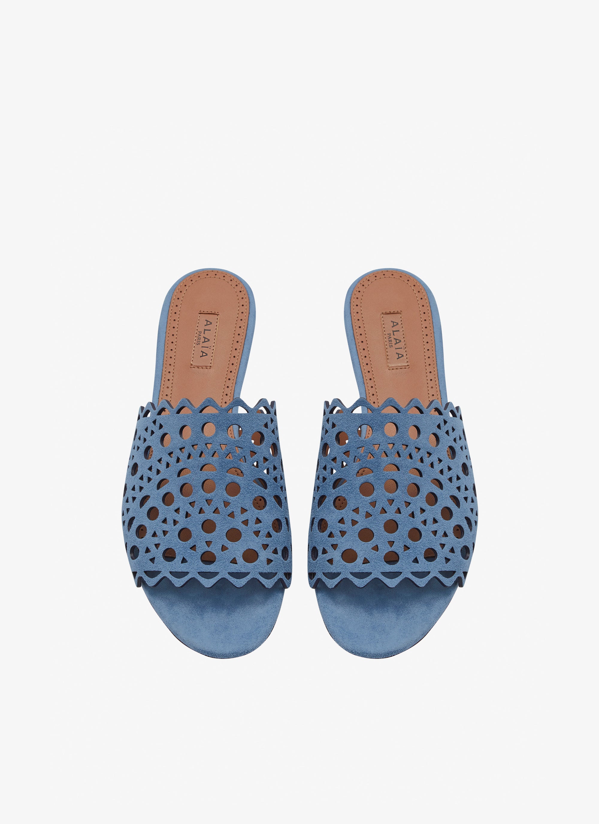 Flat openwork sandals in leather - Denim Blue