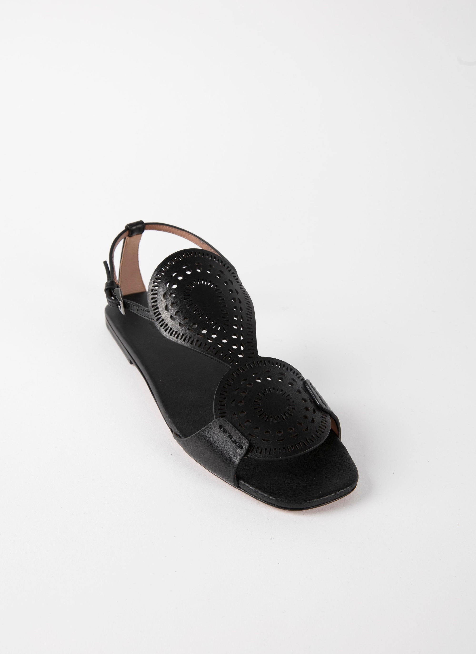 Sandales plates cercles perforés en cuir - Noir