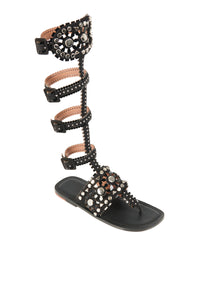 Sandales plates hautes style spartiate en cuir - Noir