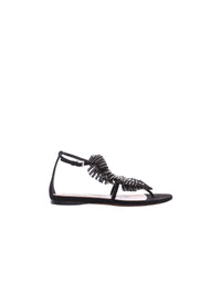 Sandales plates motif feuille cloutée en cuir - Noir