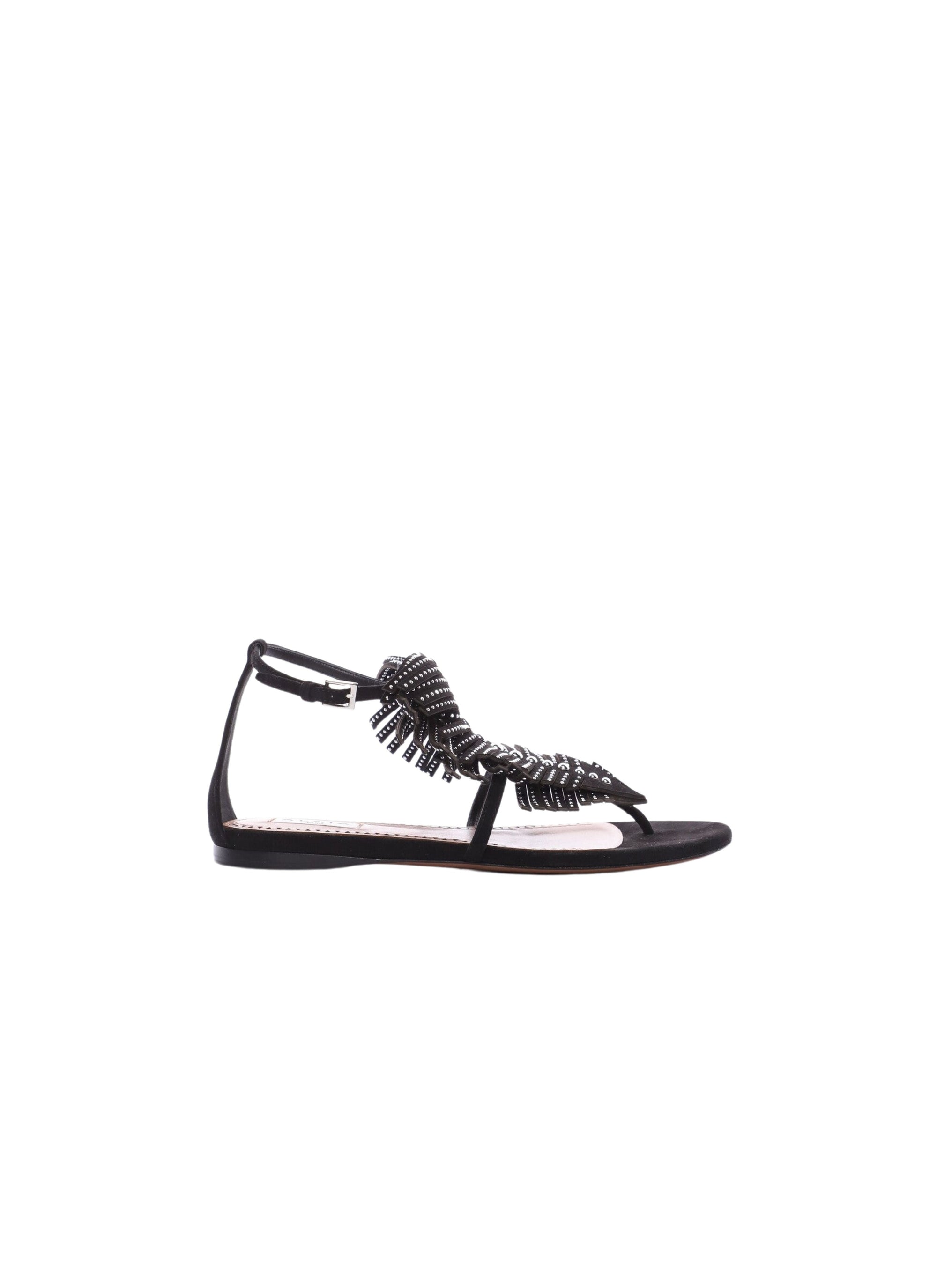 Sandales plates motif feuille cloutée en cuir - Noir