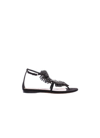 Flat sandals with studded leaf pattern in leather - Black