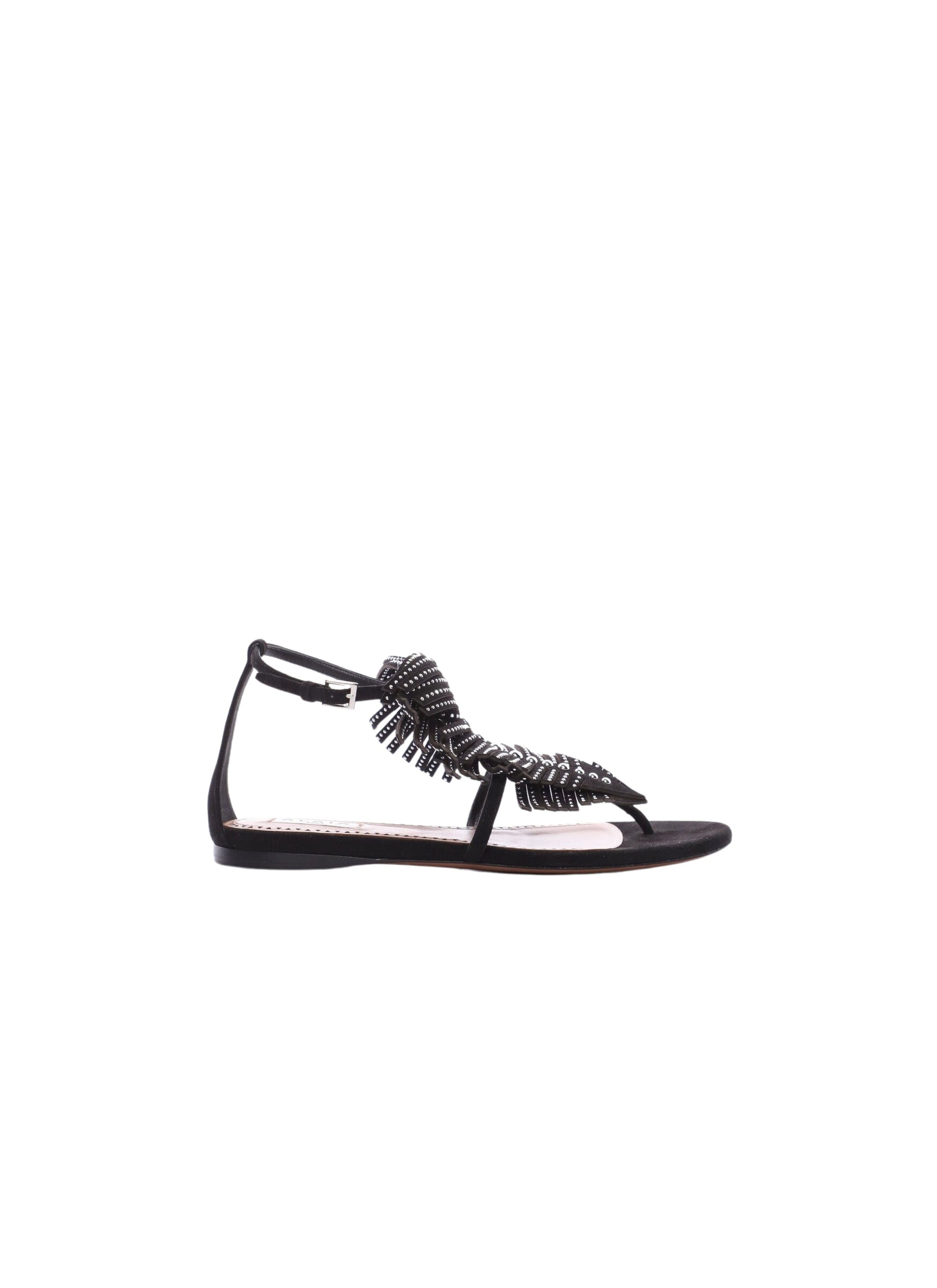 Flat sandals with studded leaf pattern in leather - Black