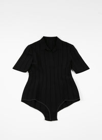 Body col polo manches courtes à rayures ajourées - Noir