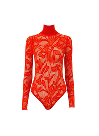 Lace bodysuit with stand-up collar - Dark orange