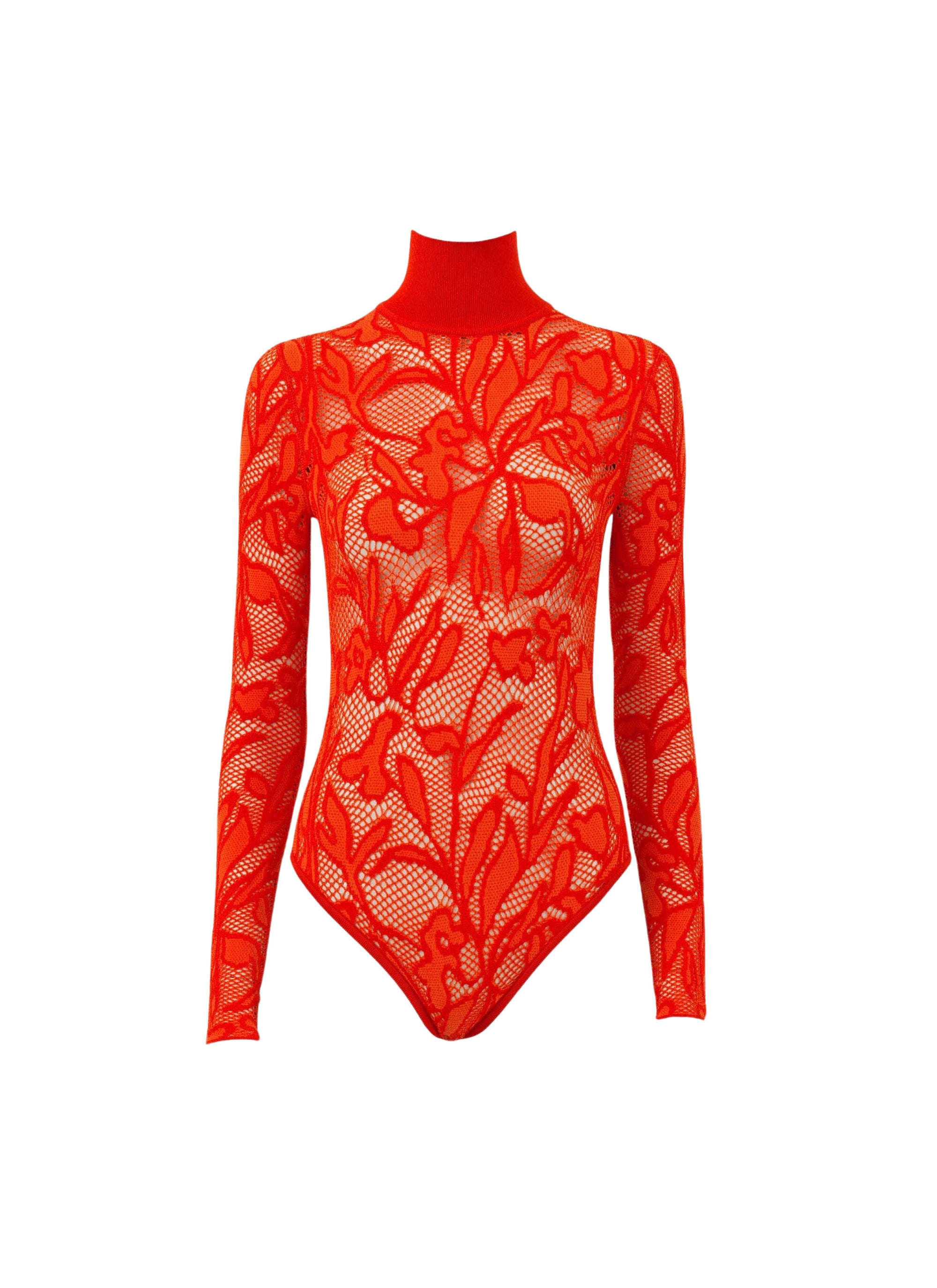 Lace bodysuit with stand-up collar - Dark orange