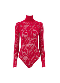 Lace bodysuit with stand-up collar - Fuchsia