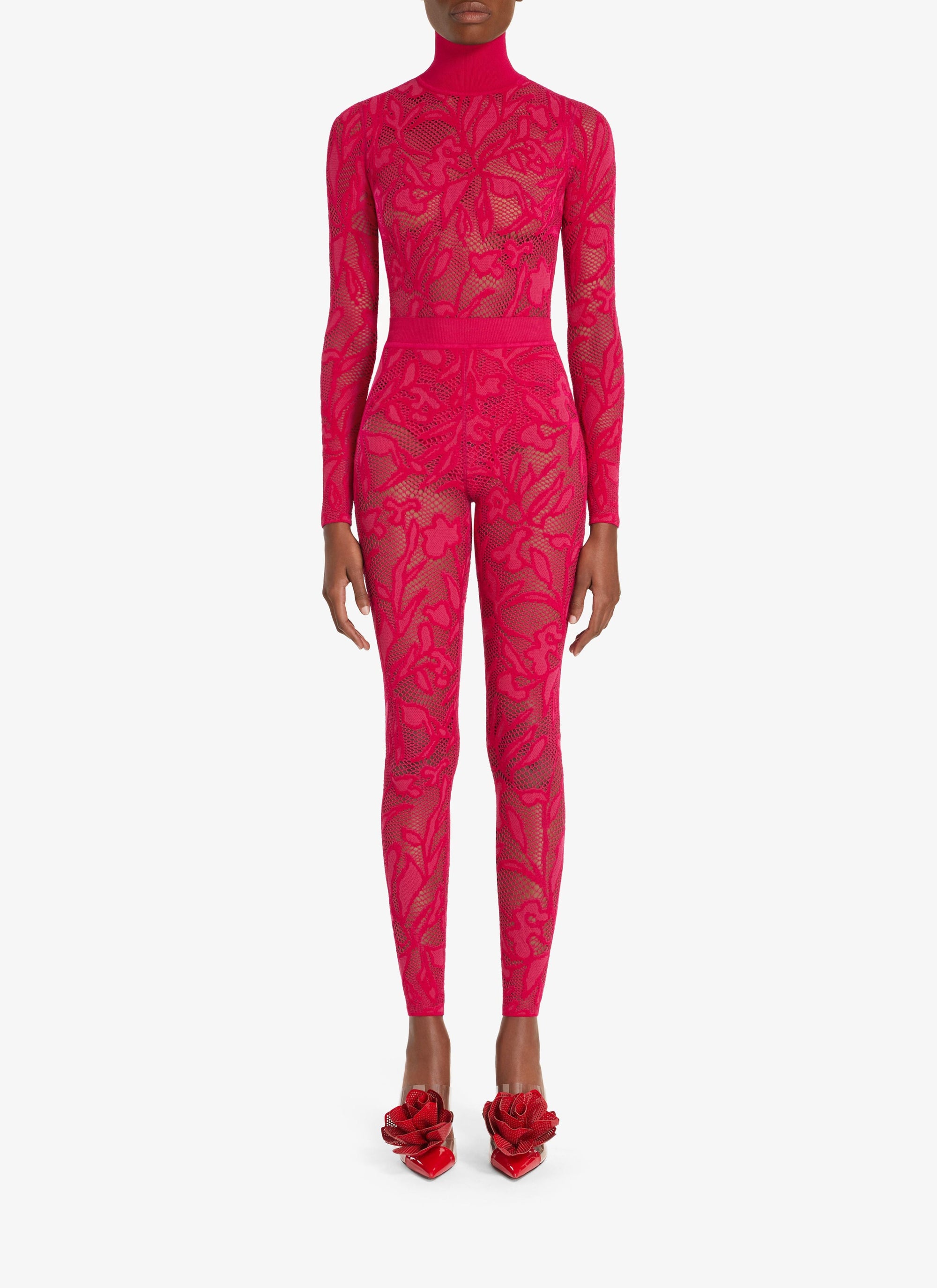 Lace bodysuit with stand-up collar - Fuchsia