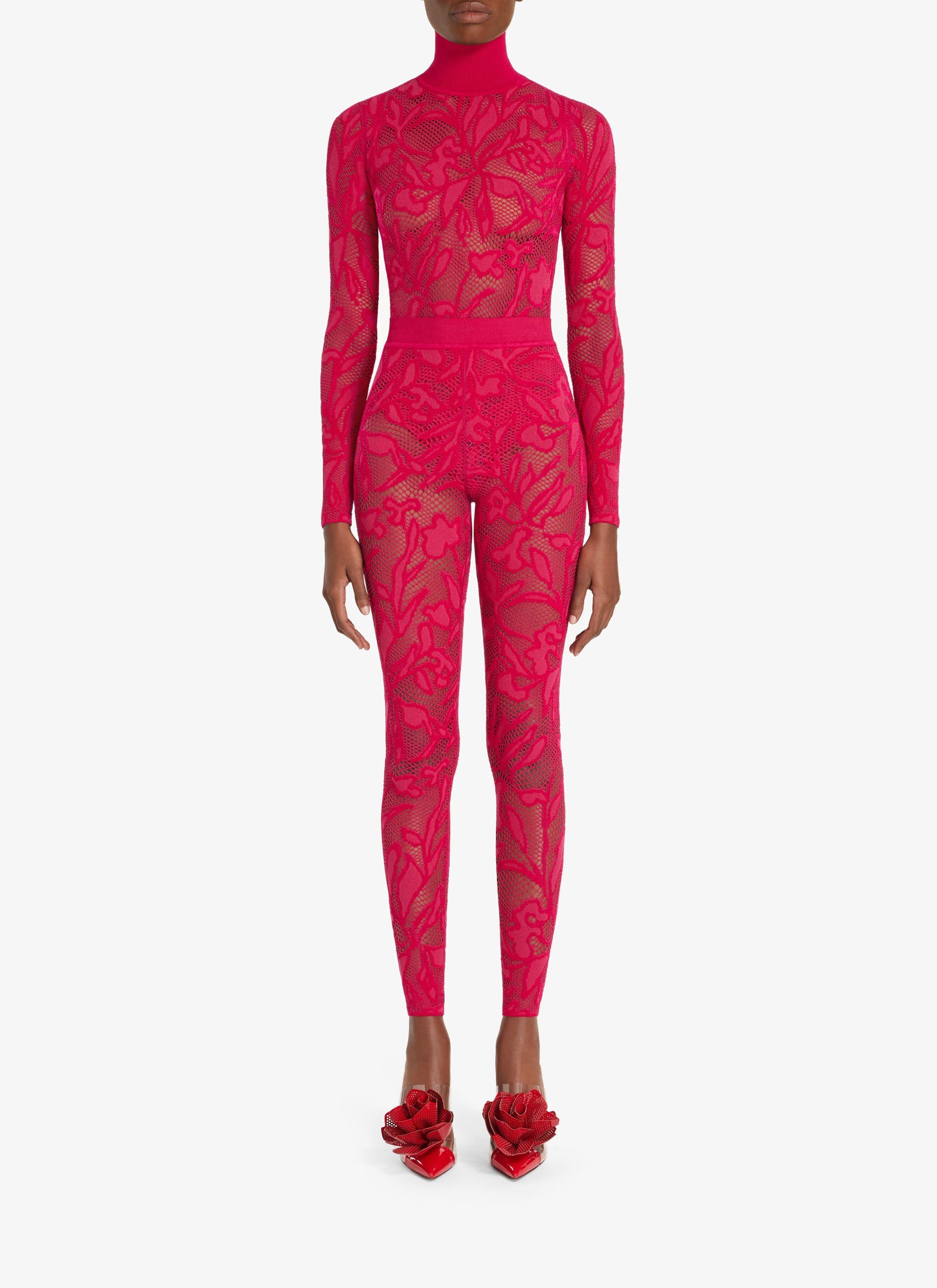 Lace bodysuit with stand-up collar - Dark orange
