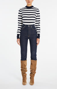 Striped Long Sleeve Wool Bodysuit - Navy & Ivory