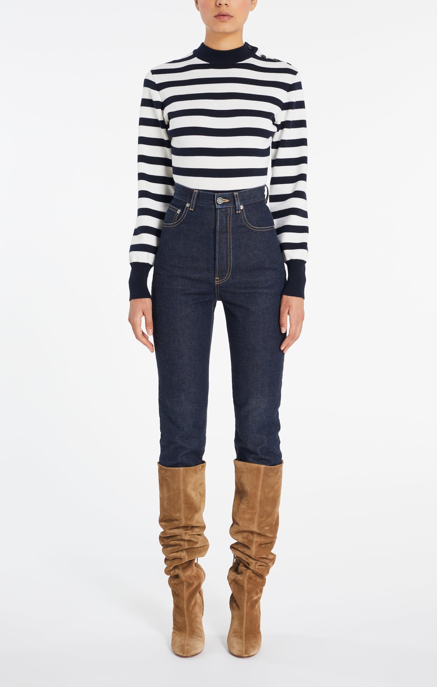 Striped Long Sleeve Wool Bodysuit - Navy & Ivory